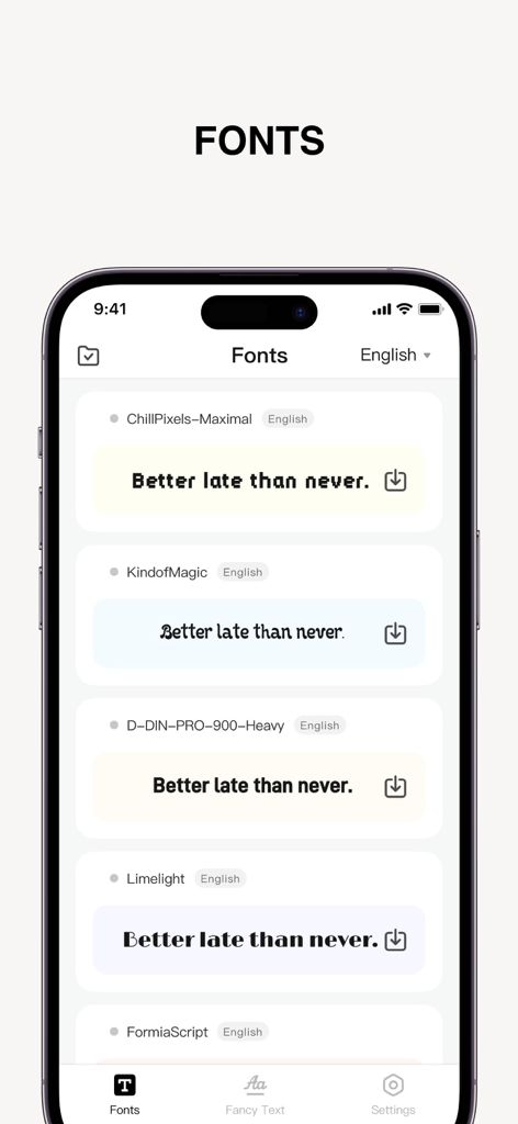 iPhone-Bildschirm, der die Schriftbibliothek der Fonts-App mit verschiedenen Vorschläge für Textstile und Download-Buttons anzeigt