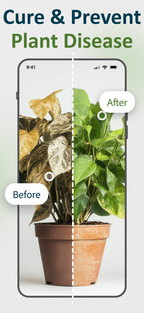 AI Plant Identifier and Care - Comparación de antes y después que muestra una planta enferma y una sana en la pantalla de un smartphone.