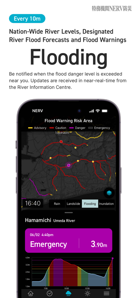 NERV Disaster Prevention app interface displaying a real-time flood warning map and river level emergency alert