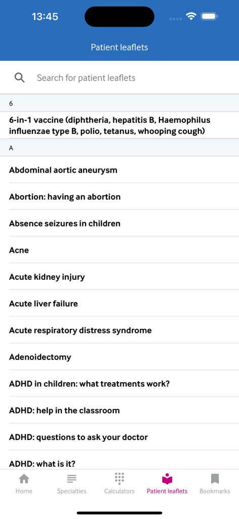 BMJ Best Practice - Screenshot of the BMJ Best Practice app showing an alphabetical list of patient medical leaflets and a search bar.