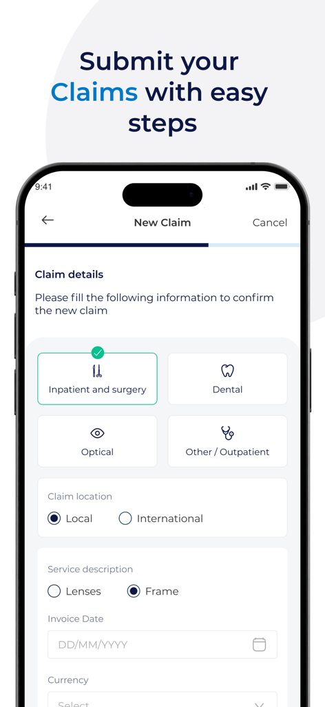 Bupa بوبا - Interfaz de la app Bupa para enviar una nueva reclamación de seguro médico