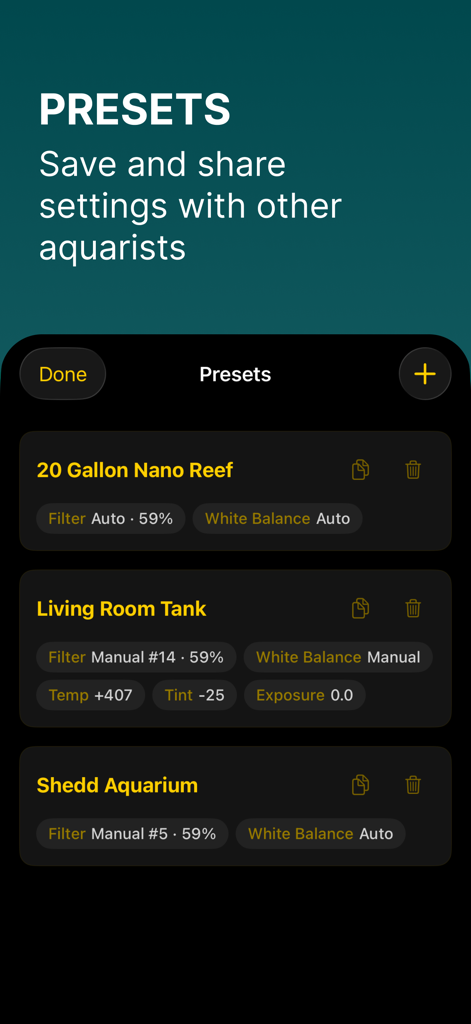 Interfaz que muestra ajustes preestablecidos de cámara guardados para diferentes configuraciones de acuario, como un nano arrecife y un tanque de sala de estar