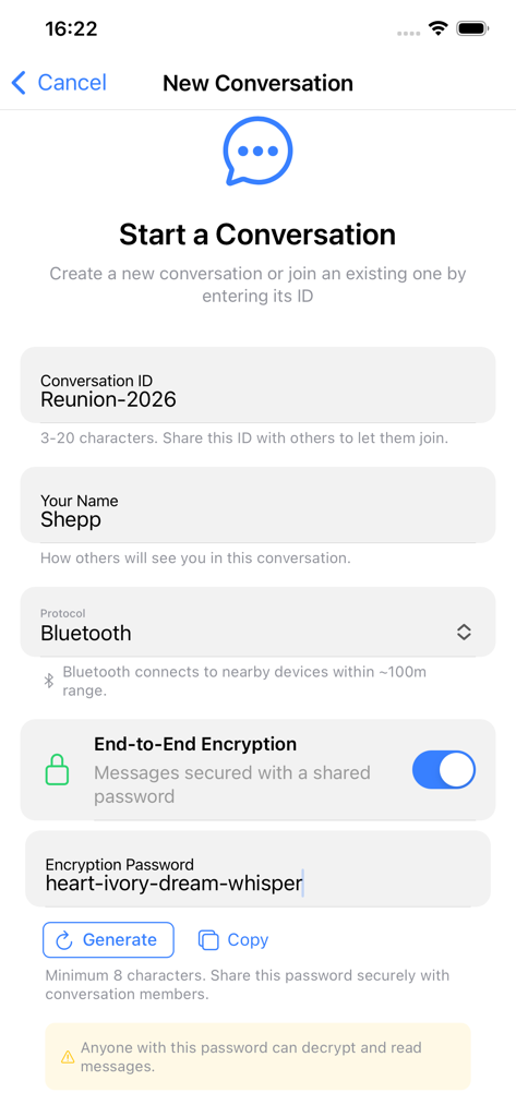 Chat Local: Offline Messaging - A screen in the Chat Local app showing the interface to create a new encrypted offline conversation using Bluetooth with a generated password