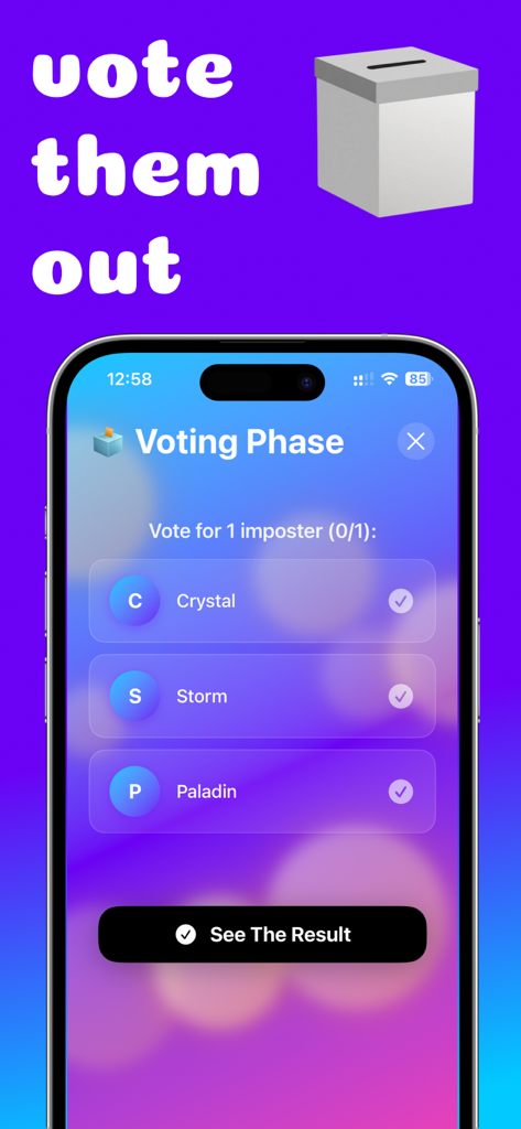Mobile app screen showing the voting phase in the Imposter social deduction game