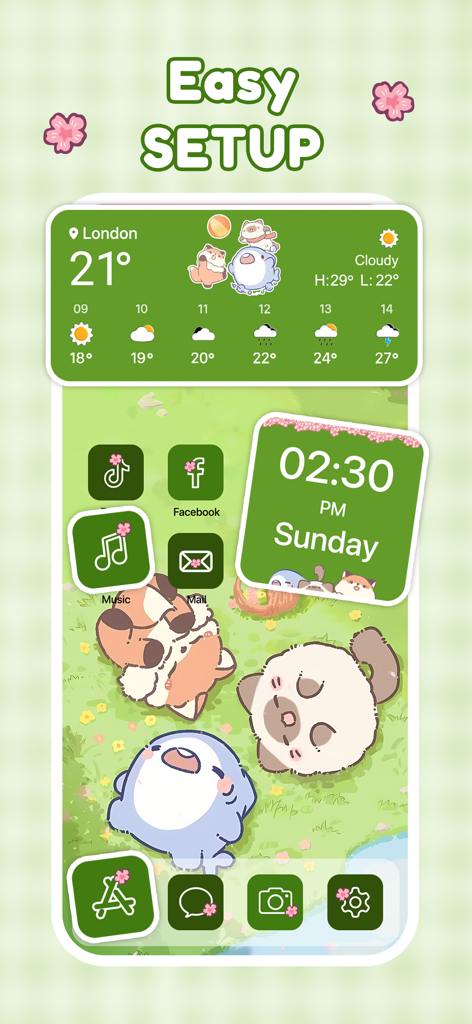 Captura de tela do aplicativo BeautyTheme mostrando uma tela inicial estética verde com personagens de animais fofos e widgets personalizados