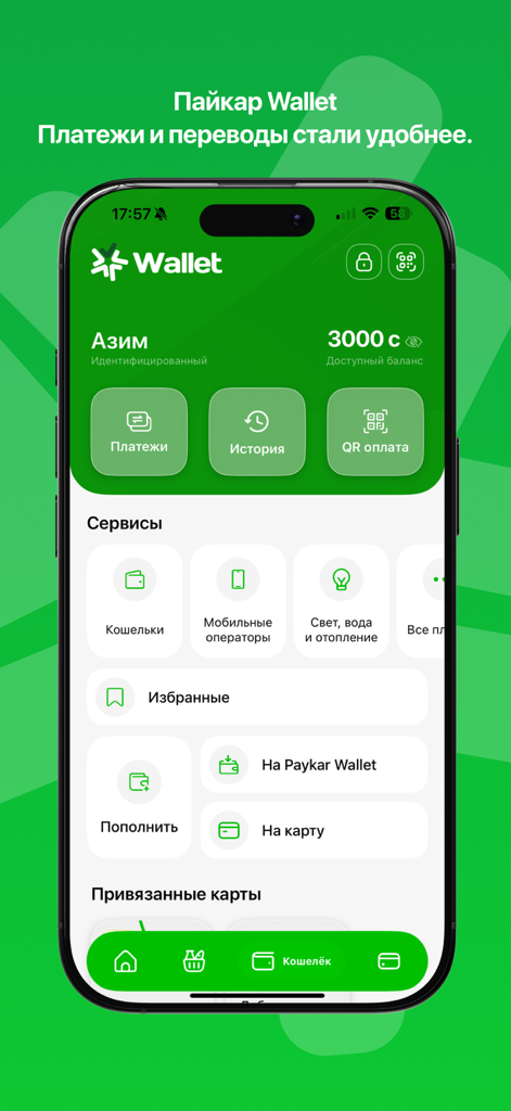 Paykar - L'interface du portefeuille numérique de l'application mobile Paykar montrant le solde du compte et les services de paiement pour les services publics et les opérateurs mobiles