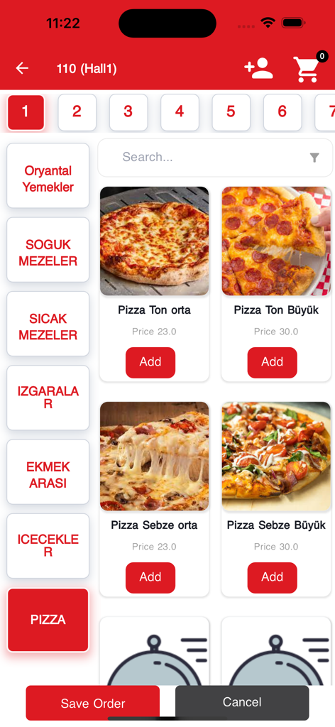 Phenix Smart Waiter mobile app interface showing a pizza menu with item images and prices