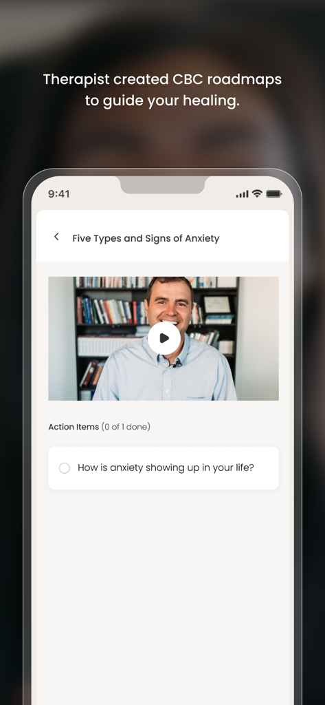 Noble. - The Noble app displaying a therapist-created video course on the signs of anxiety.