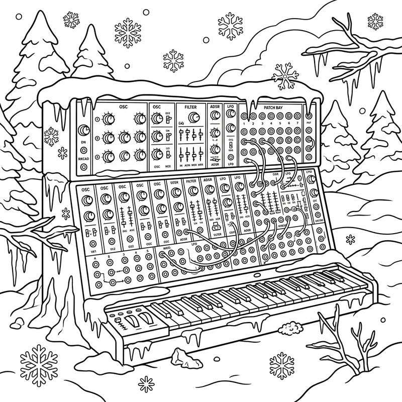 Unleash your creativity with this unique coloring page featuring a detailed analog synthesizer nestled within a serene winter landscape. Perfect for music enthusiasts and those who love a cozy, snow-filled coloring adventure.