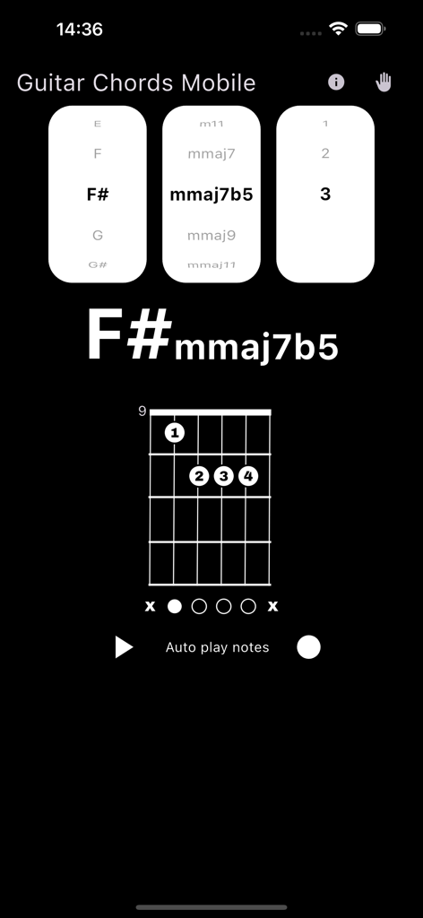 Guitar Chords Mobile - Interfaz de la aplicación Acordes de Guitarra Móvil mostrando un diagrama de acorde de Fa sostenido menor mayor 7 bemol 5 con posiciones de dedos