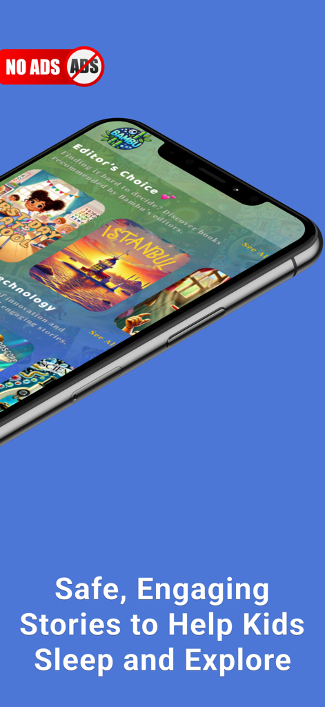 Bambu: Bedtime Stories & Books - An iPhone displaying the Bambu Bedtime Stories app interface with a no ads badge and a library of educational children's stories.