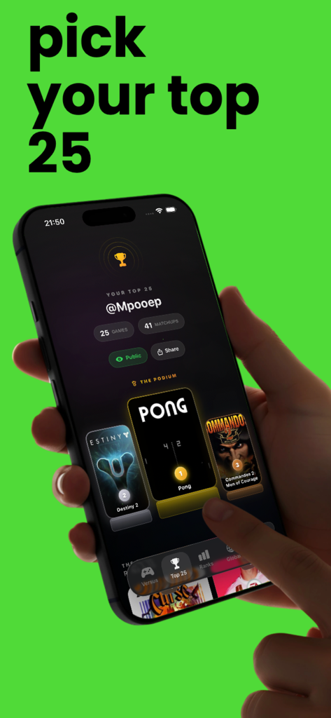 Versus: Game Rankings - Uma pessoa segurando um iPhone exibindo um pódio personalizado de três videogames no aplicativo Versus