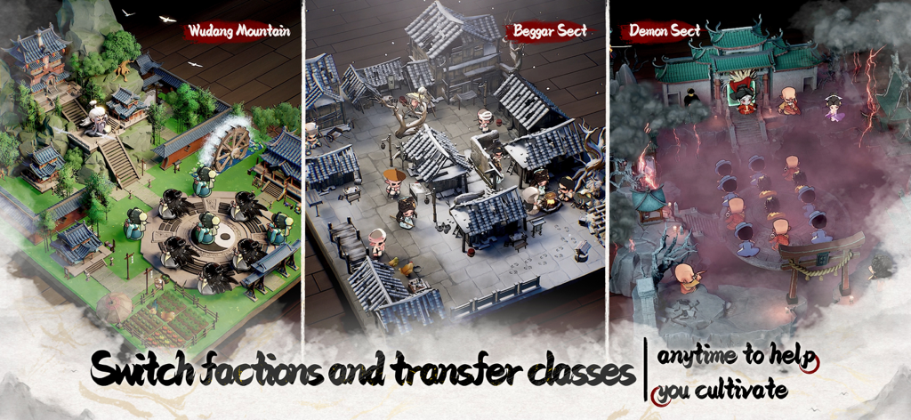 Wuxia Rising Star - A showcase of three martial arts sects in Wuxia Rising Star: Wudang Mountain, Beggar Sect, and Demon Sect with text about switching factions.