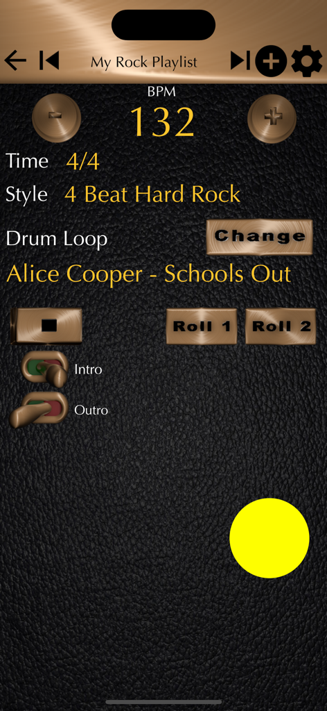 Drum Loops and Metronome app interface showing a hard rock rhythm at 132 BPM with Alice Cooper drum loop