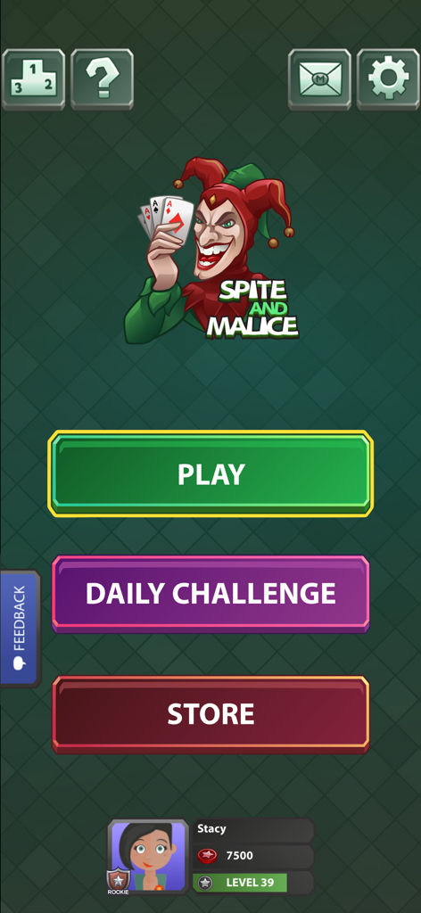 Spite and Malice Card Game - Menu principale dell'app Spite and Malice Card Game che mostra la mascotte del giullare e i pulsanti di gioco