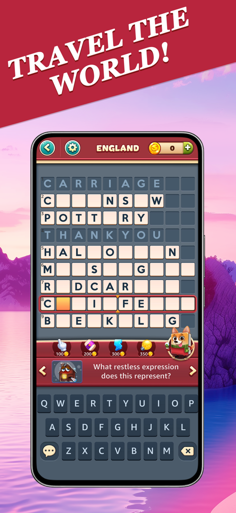 Word Craze - Trivia crosswords - Pantalla del juego de crucigramas de trivia Word Craze con temática de Inglaterra y banner de viaje
