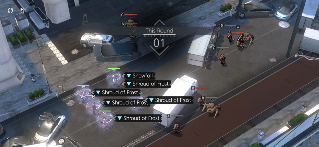 Horizon Walker - Gameplay-Screenshot von Horizon Walker, der Charaktere zeigt, die in einem taktischen rundenbasierten Kampf auf einer Stadtstraße kämpfen