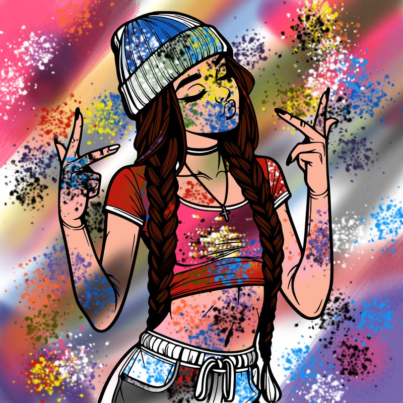 realistic teenage girl with braids and a beanie and crop top doing 🫶🏼