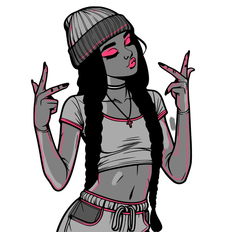 realistic teenage girl with braids and a beanie and crop top doing 🫶🏼