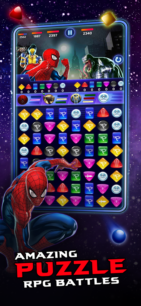 MARVEL Puzzle Quest: Hero RPG - Batalha do RPG match-3 Marvel Puzzle Quest com Homem-Aranha e Venom