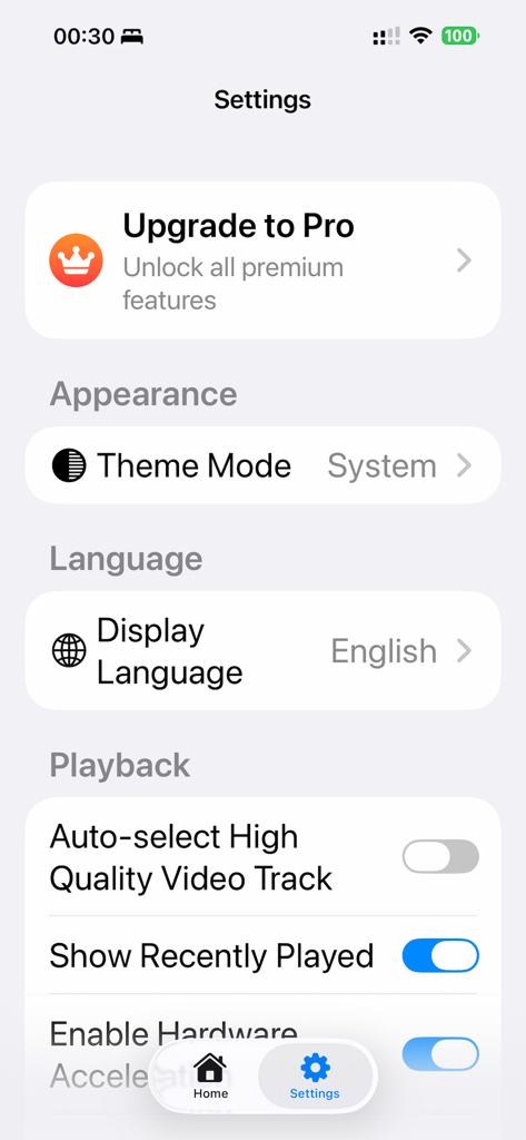 NanoTV - The settings interface of the NanoTV app displaying personalization and playback controls