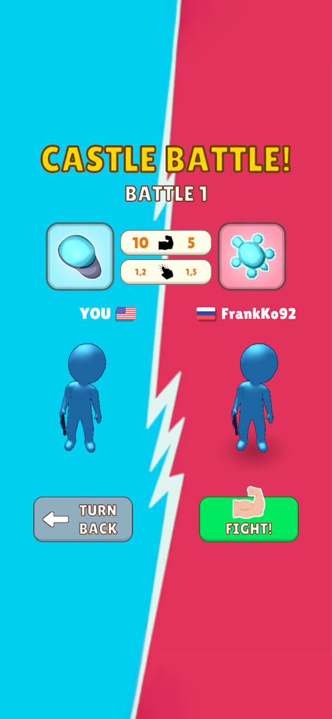 Sand Castle: Tap & Build - PVP battle screen in Sand Castle Tap and Build featuring two players with their stats and a fight button