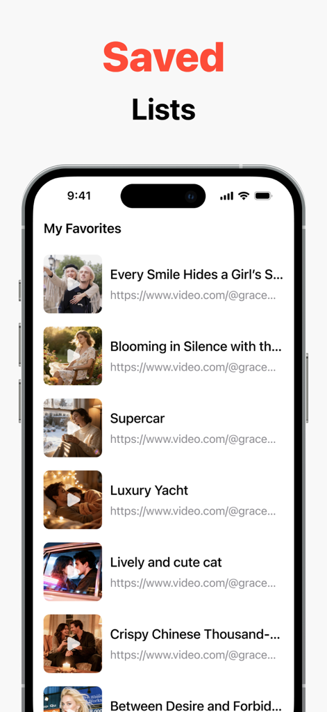 Private Video Saver - Pantalla de smartphone mostrando una lista de videos guardados favoritos con miniaturas y títulos dentro de la aplicación.