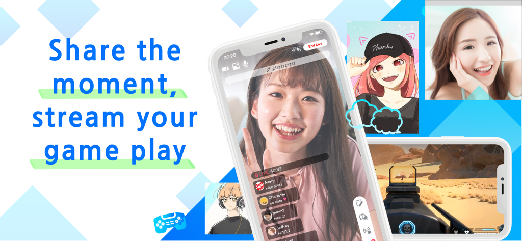 TwitCasting Live app screen showing live video broadcasting and mobile game streaming features