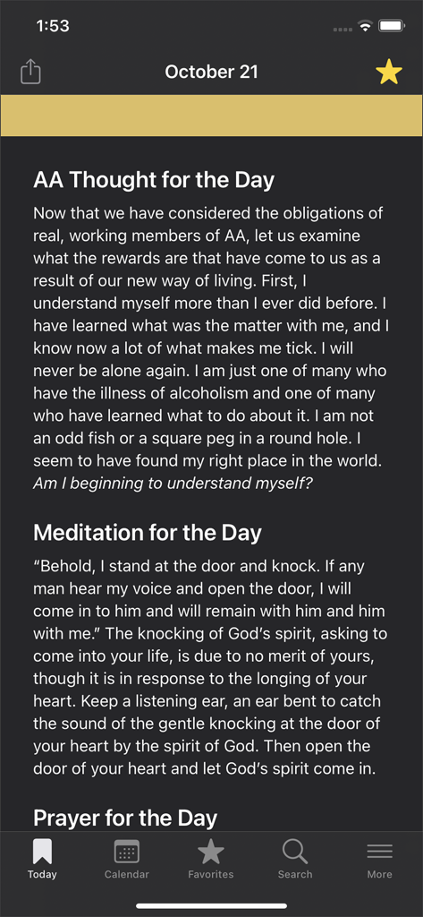 Interface of the Twenty-Four Hours a Day app featuring a daily AA thought and meditation for recovery