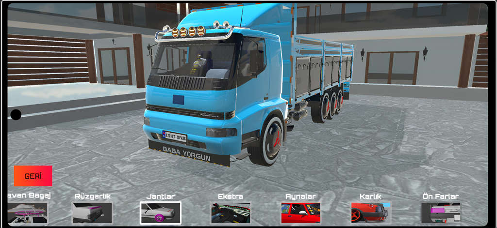 Etiket Tofaskモバイルゲームのメニューでカスタマイズされている青いトラック。