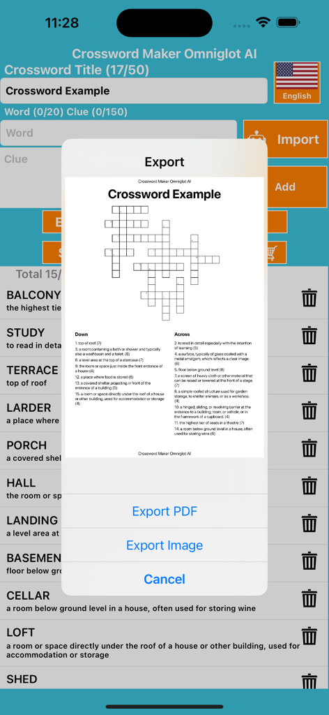 Crossword Maker Omniglot - A preview of a generated crossword puzzle in the app with options to export as a PDF or image for educational use.