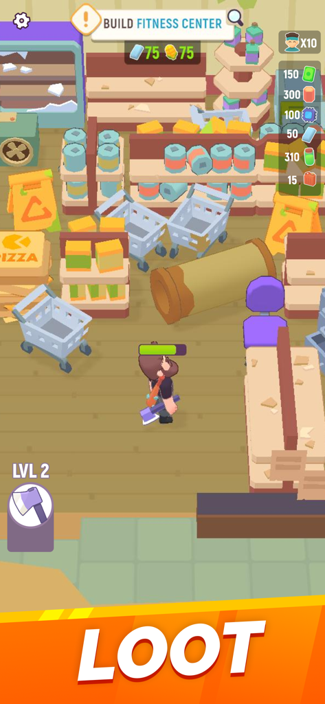 Un superviviente explorando y saqueando un supermercado en el juego Last Stronghold.