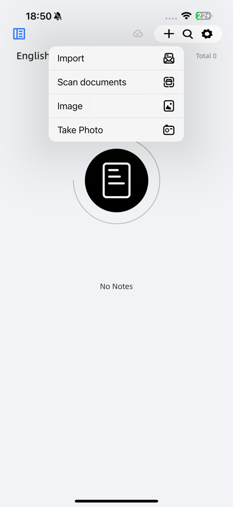 Wellnote-Notes&PDF - Wellnote app interface showing a dropdown menu with options to import files scan documents and add images