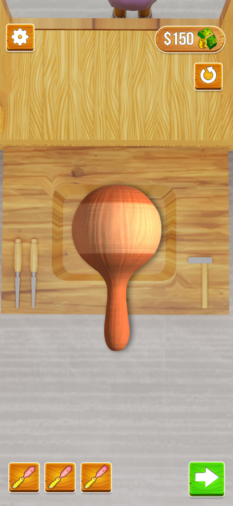 Wood Carving 3D - A wooden object being shaped on a workbench with carving tools in a 3D wood carving simulator