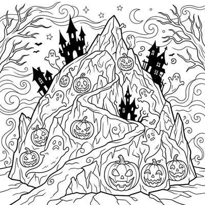 Journey to a chilling Halloween landscape where an ice cap transforms into a ghoulish mountain of fun, crafted especially for teens. Adorned with grinning jack-o'-lanterns, mischievous ghosts, and eerie haunted houses, this page offers a thrilling coloring experience.