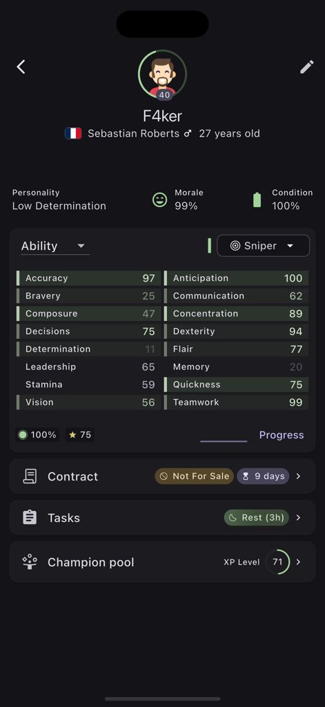 ESMO: Esports Manager Online - ESMO Esports Manager player profile screen displaying sniper stats and attributes
