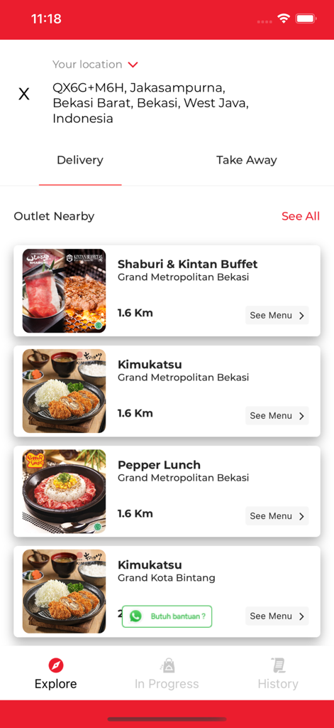 Boga App interface showing a list of nearby restaurants for delivery and take away with distance information and menu access