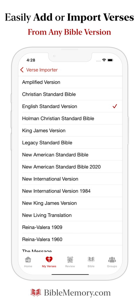 The Bible Memory App - Interfaccia dell'app per memorizzare la Bibbia che mostra un elenco di varie traduzioni e versioni della Bibbia disponibili per importare versetti.