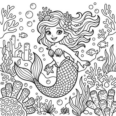 Meet a delightful tropical mermaid ready for a coloring adventure under the sea! This charming design, perfect for kids aged 4-8, features playful sea life and vibrant coral structures.