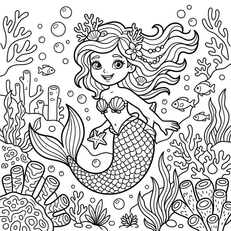 Meet a delightful tropical mermaid ready for a coloring adventure under the sea! This charming design, perfect for kids aged 4-8, features playful sea life and vibrant coral structures.