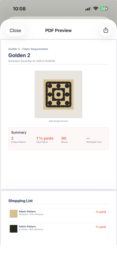 PDF preview in the Quiltler 3 app showing fabric yardage requirements and a shopping list for a quilt design.