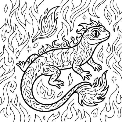 Explore the magic of legendary creatures with this stunning mythical salamander coloring page. Featuring an intricately patterned fire lizard amidst swirling flames, it's a fantastic journey for your colored pencils.