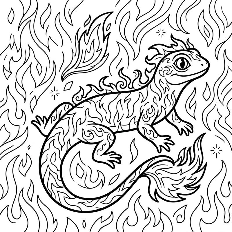 Explore the magic of legendary creatures with this stunning mythical salamander coloring page. Featuring an intricately patterned fire lizard amidst swirling flames, it's a fantastic journey for your colored pencils.