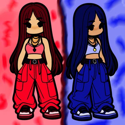 girl in baggy pants crop top and long hair