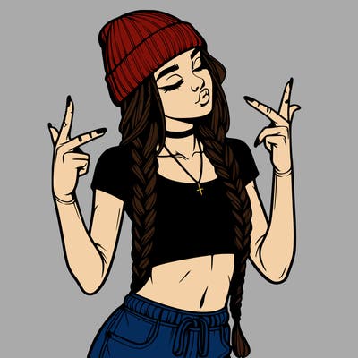 realistic teenage girl with braids and a beanie and crop top doing 🫶🏼