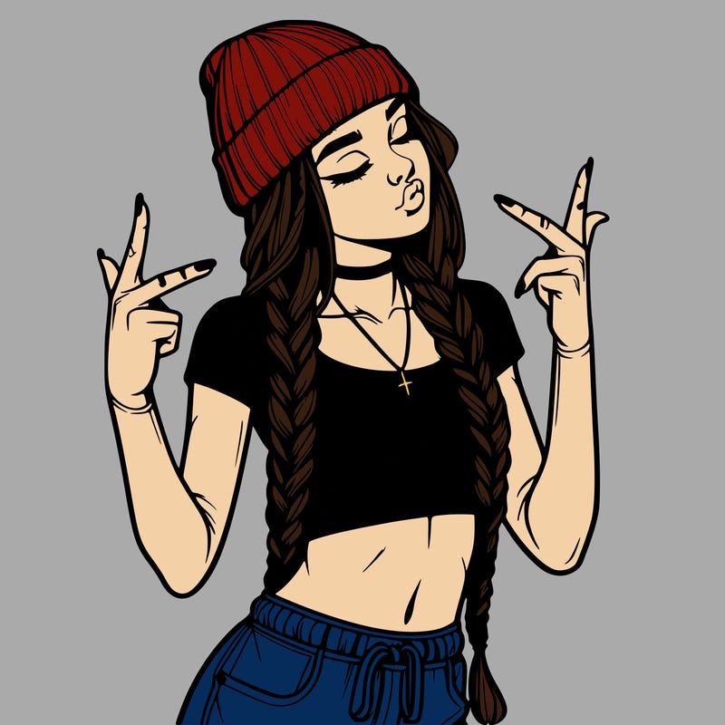 realistic teenage girl with braids and a beanie and crop top doing 🫶🏼