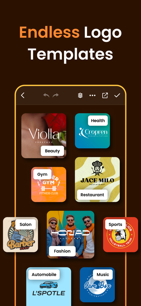Una interfaz de aplicación móvil mostrando varias plantillas de logos para diferentes categorías de negocios