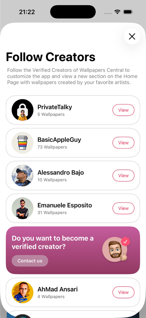 Wallpapers Central 앱에서 팔로우할 인증된 배경화면 크리에이터 목록.