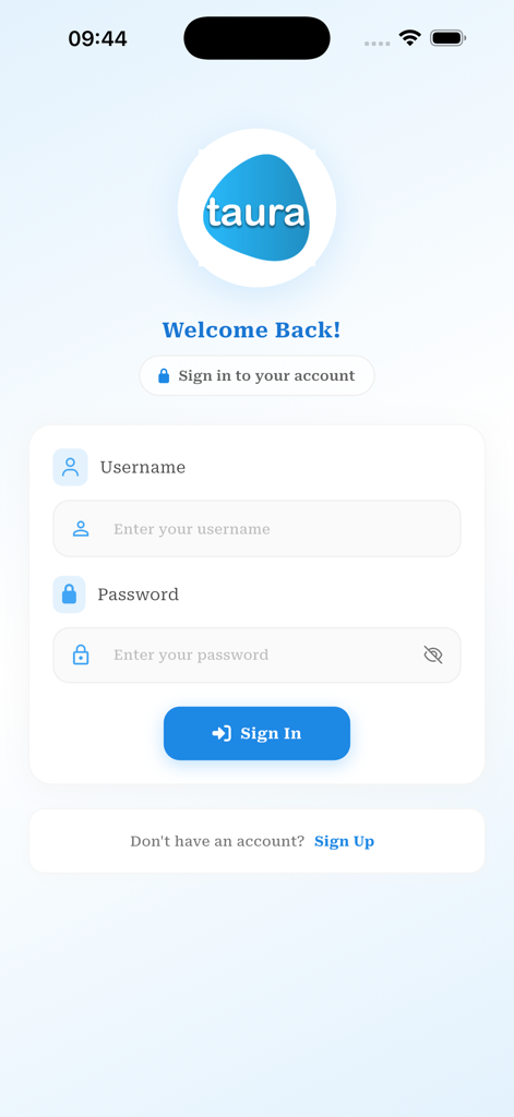 Taura - Taura app sign in screen with username and password input fields