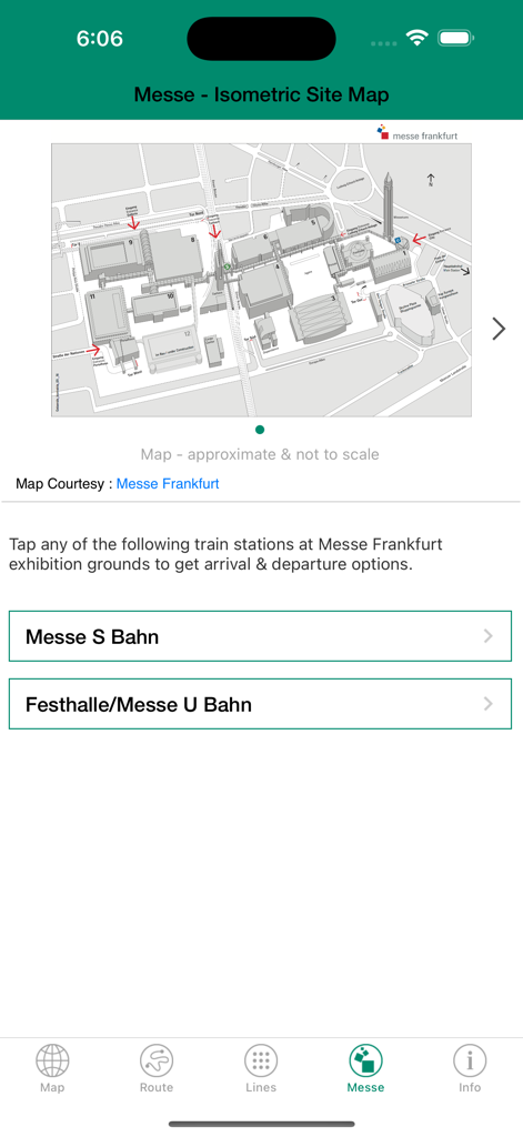 Mapa isométrico del recinto de exposiciones Messe Frankfurt en la aplicación de metro de Frankfurt